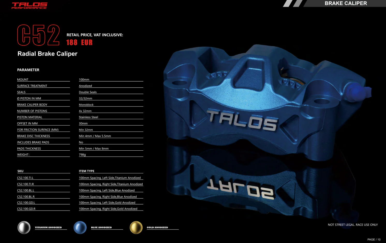 Talos C52 Guss Monoblock P4 32/32 100mm Bremszange Vorne Links | C52.100.BU.L - Image 7