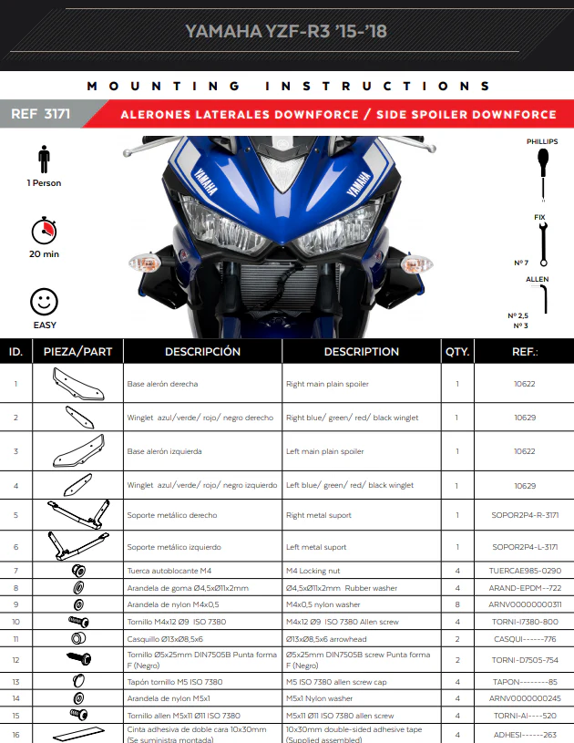 Puig Winglets Spoiler Downforce Yamaha YZF-R3 (15-18) 3171 - Image 6